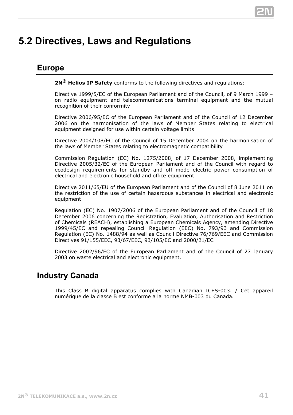 2 directives, laws and regulations, Europe, Industry canada | 2N Helios IP Safety User Manual | Page 41 / 45