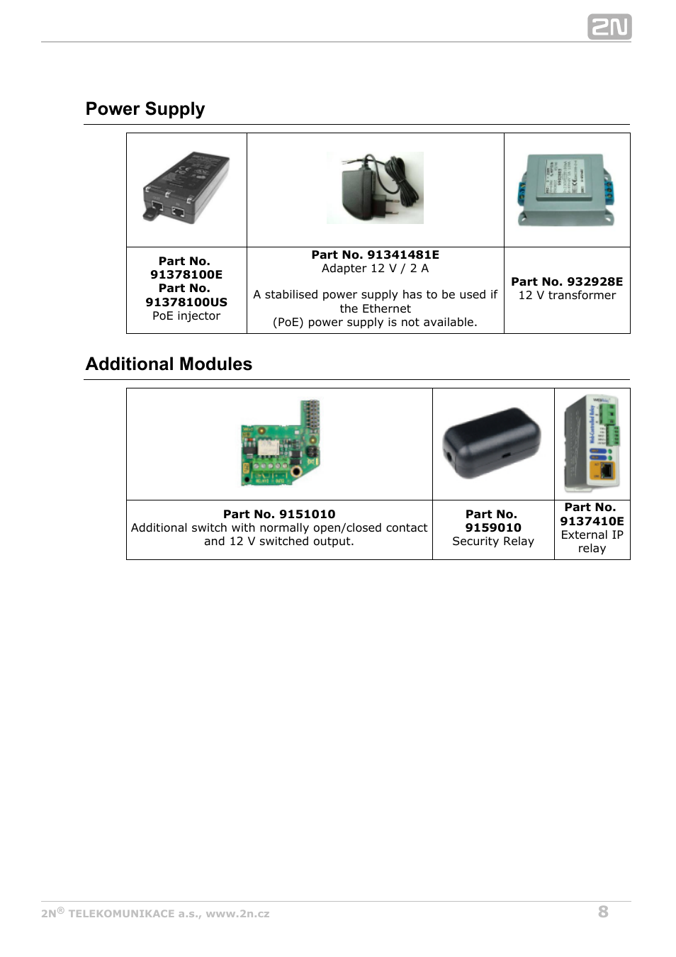 Power supply, Additional modules | 2N Helios IP Safety User Manual | Page 8 / 45