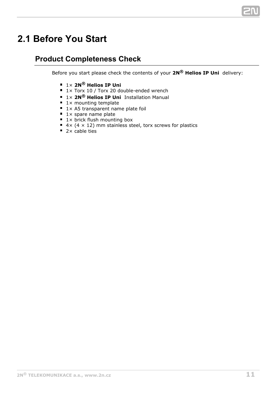 1 before you start, Product completeness check | 2N Helios IP Uni User Manual | Page 11 / 34