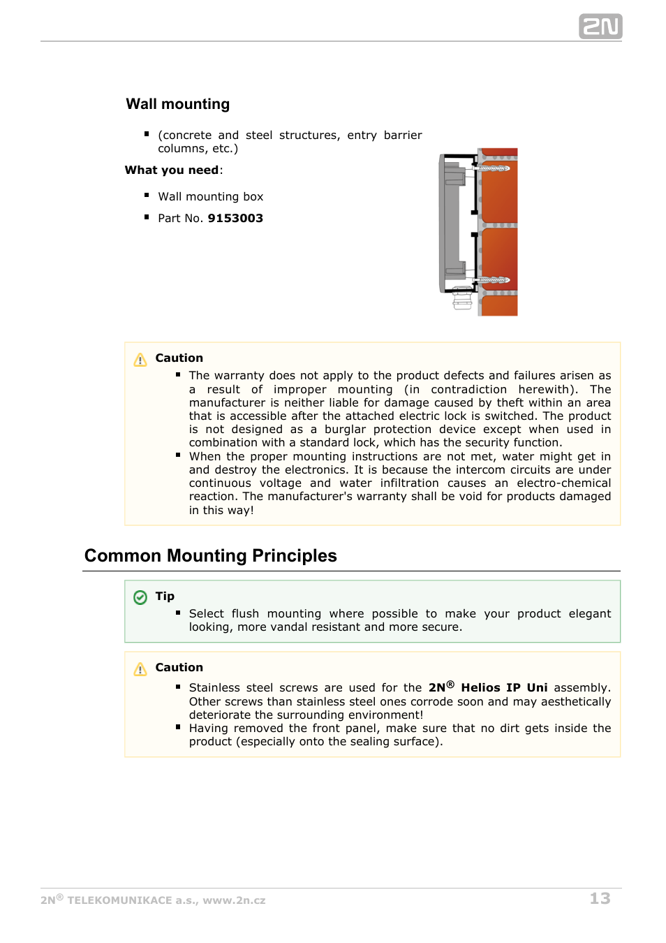 Common mounting principles, Wall mounting | 2N Helios IP Uni User Manual | Page 13 / 34