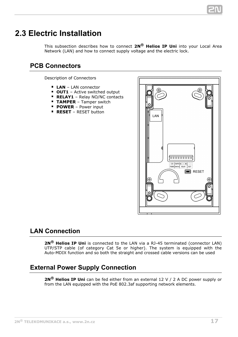 3 electric installation, Pcb connectors, Lan connection | External power supply connection | 2N Helios IP Uni User Manual | Page 17 / 34