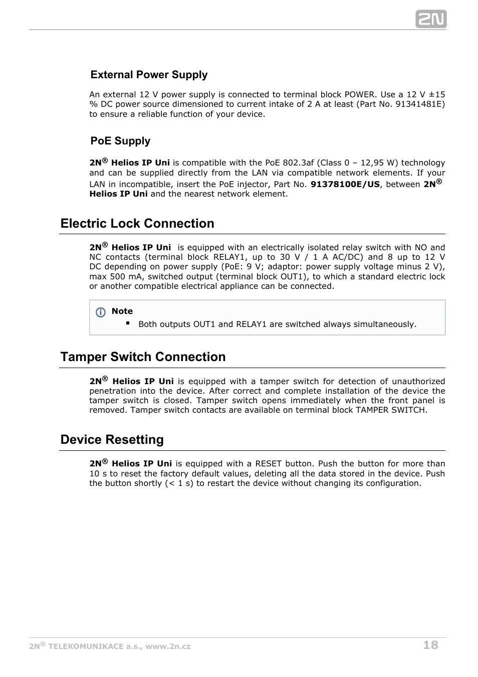 Electric lock connection, Tamper switch connection, Device resetting | External power supply, Poe supply | 2N Helios IP Uni User Manual | Page 18 / 34