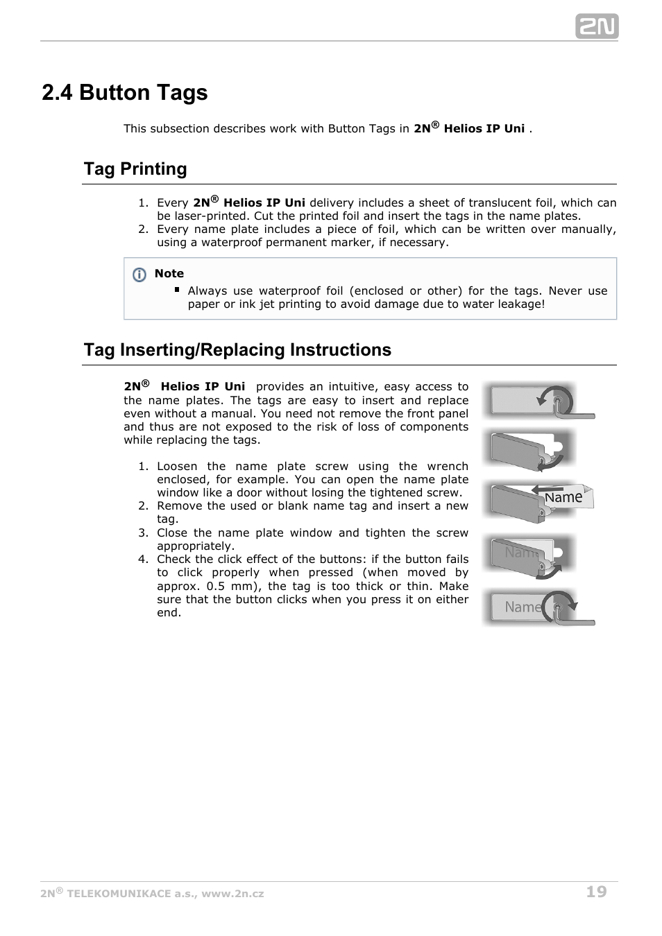 4 button tags, Tag printing, Tag inserting/replacing instructions | 2N Helios IP Uni User Manual | Page 19 / 34