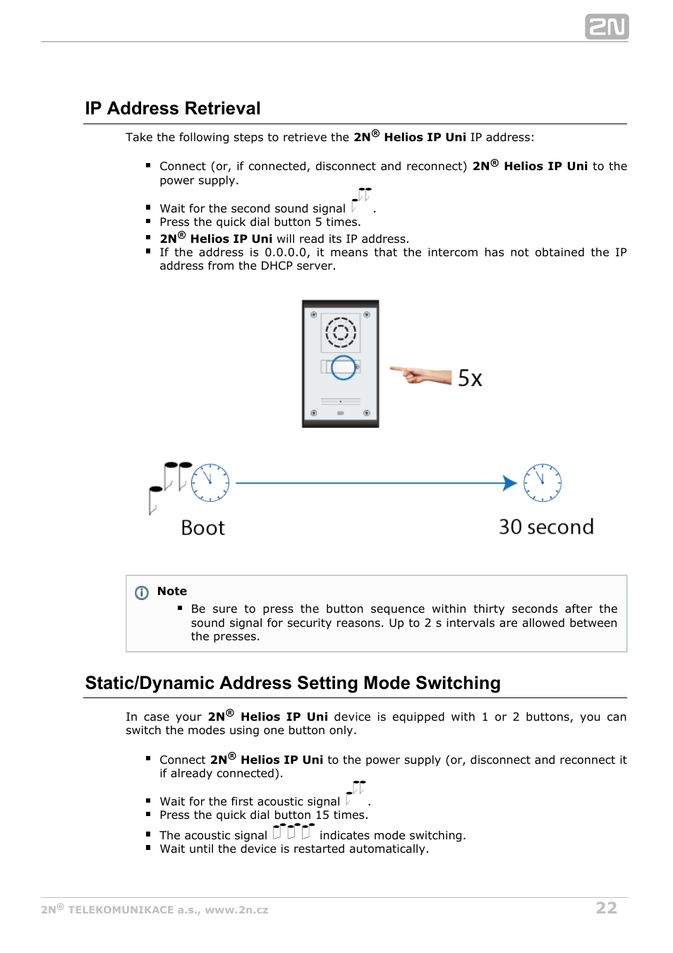 Ip address retrieval, Static/dynamic address setting mode switching | 2N Helios IP Uni User Manual | Page 22 / 34