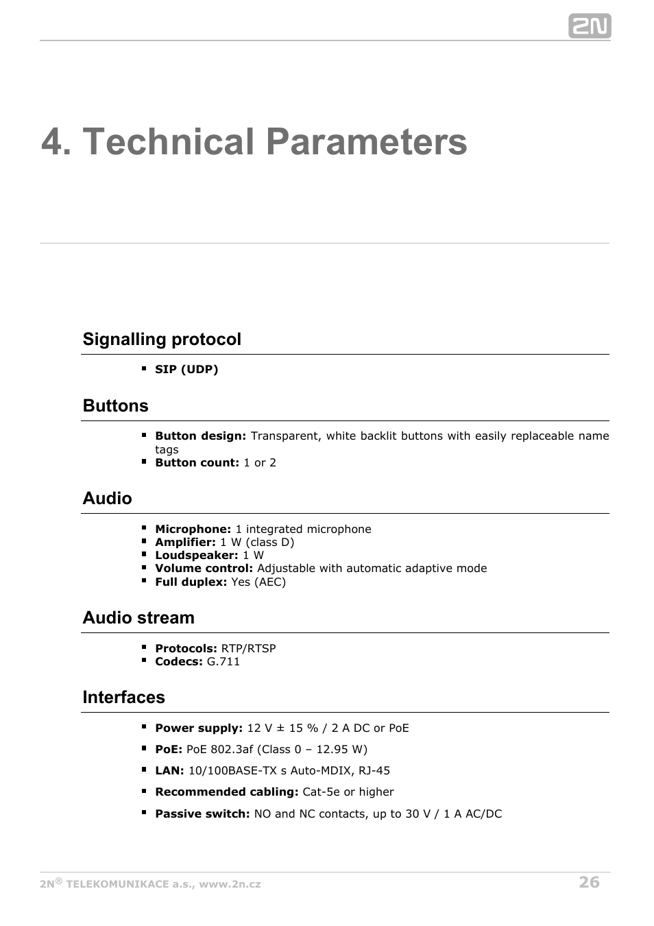 Technical parameters, Signalling protocol, Buttons | Audio, Audio stream, Interfaces | 2N Helios IP Uni User Manual | Page 26 / 34