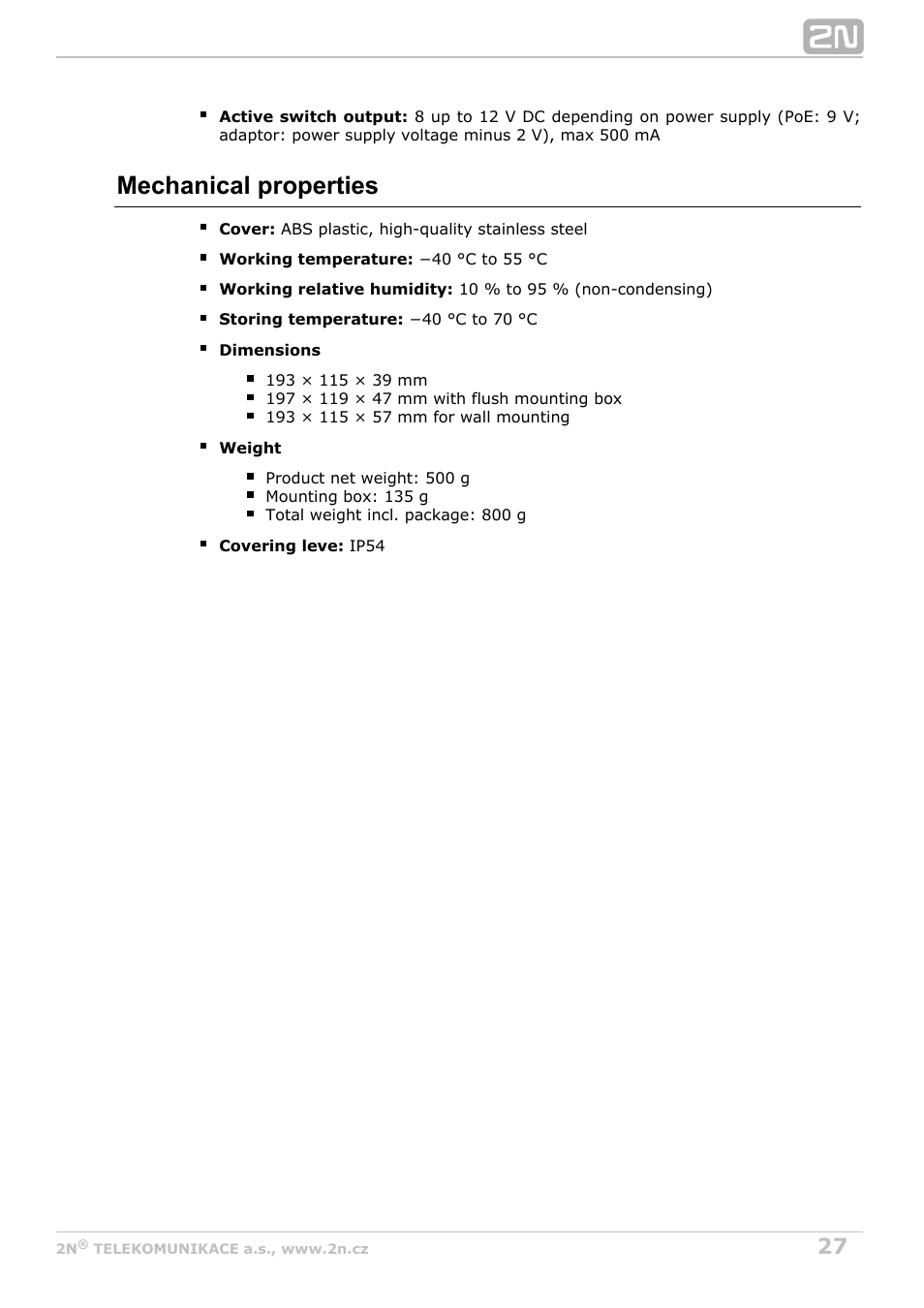 Mechanical properties | 2N Helios IP Uni User Manual | Page 27 / 34
