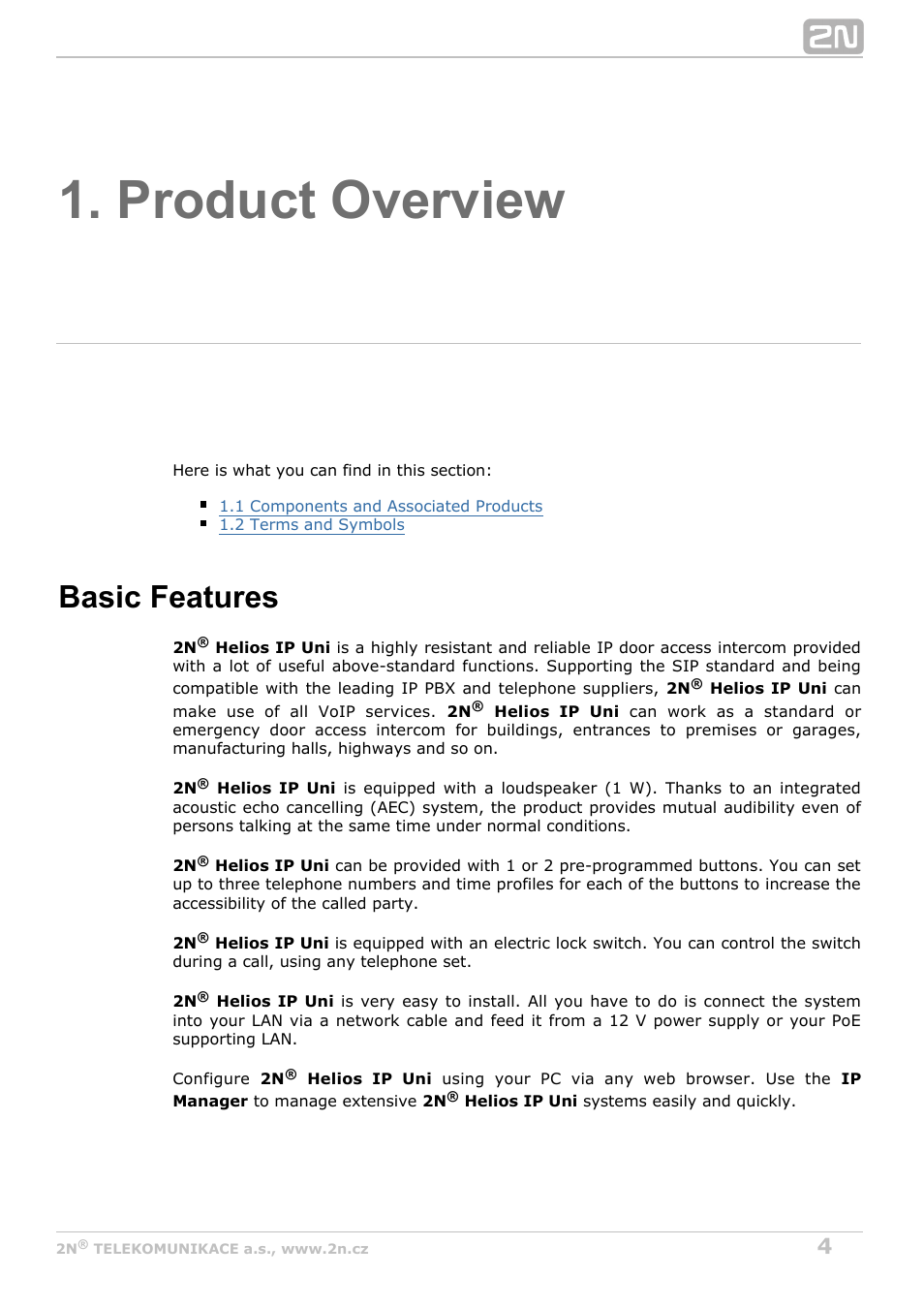 Product overview, Basic features | 2N Helios IP Uni User Manual | Page 4 / 34