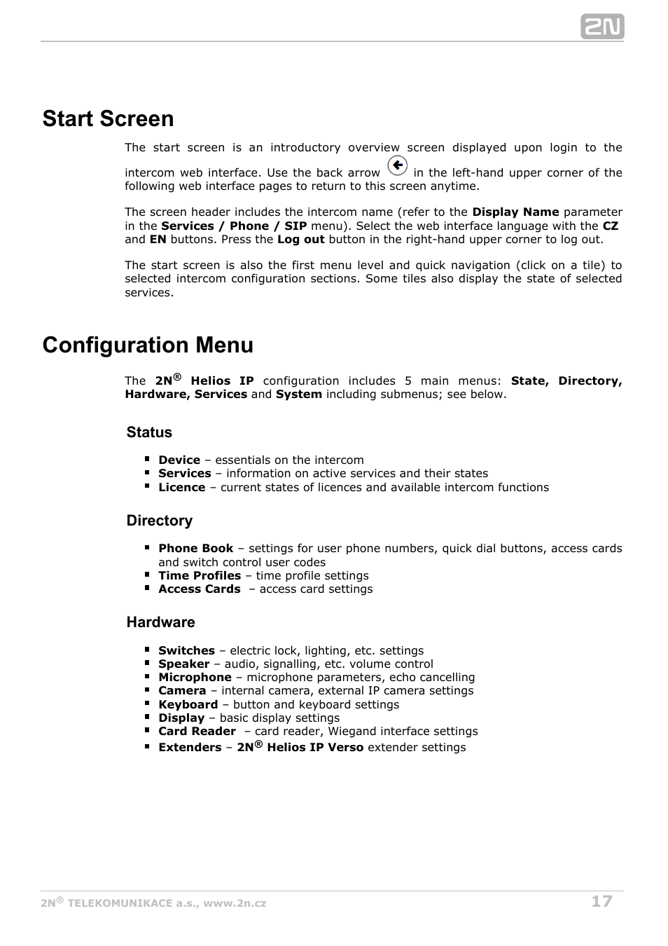 Start screen, Configuration menu, Status | Directory, Hardware | 2N Helios IP Configuration Manual v2.8 User Manual | Page 17 / 114