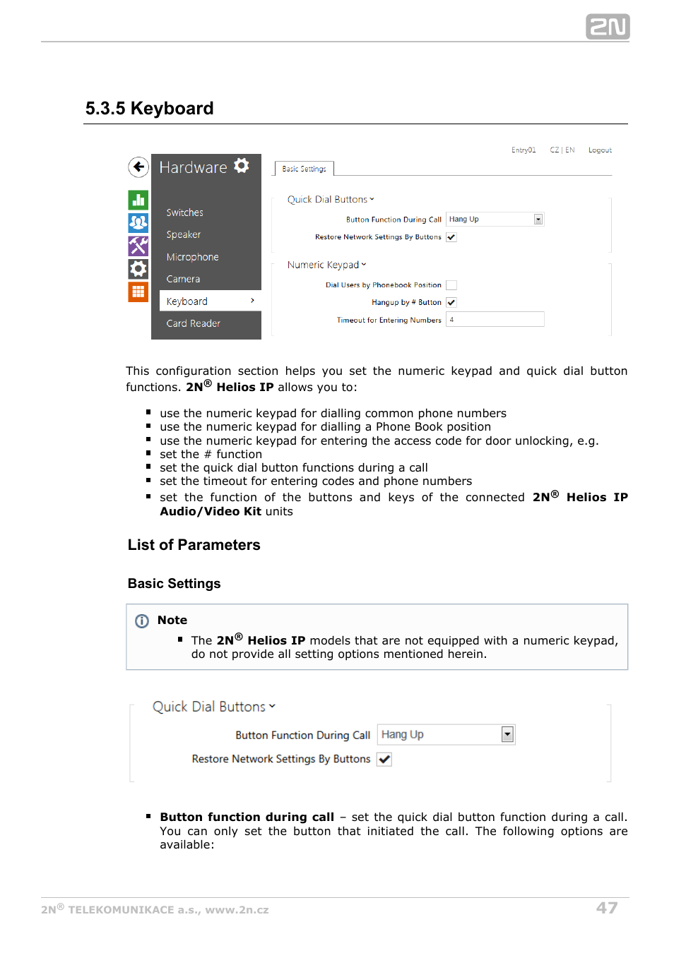 5 keyboard, List of parameters | 2N Helios IP Configuration Manual v2.8 User Manual | Page 47 / 114