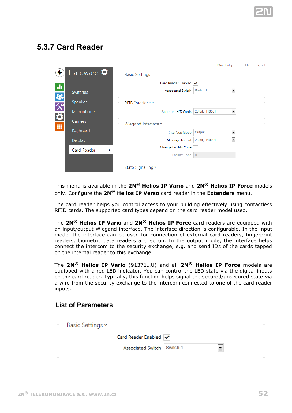 7 card reader, List of parameters | 2N Helios IP Configuration Manual v2.8 User Manual | Page 52 / 114