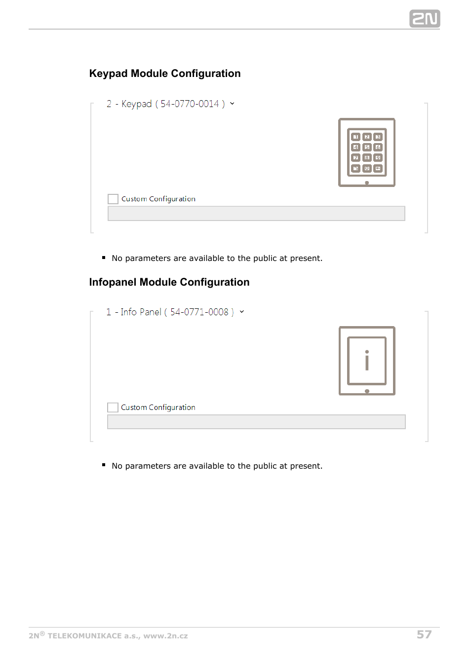 Keypad module configuration, Infopanel module configuration | 2N Helios IP Configuration Manual v2.8 User Manual | Page 57 / 114