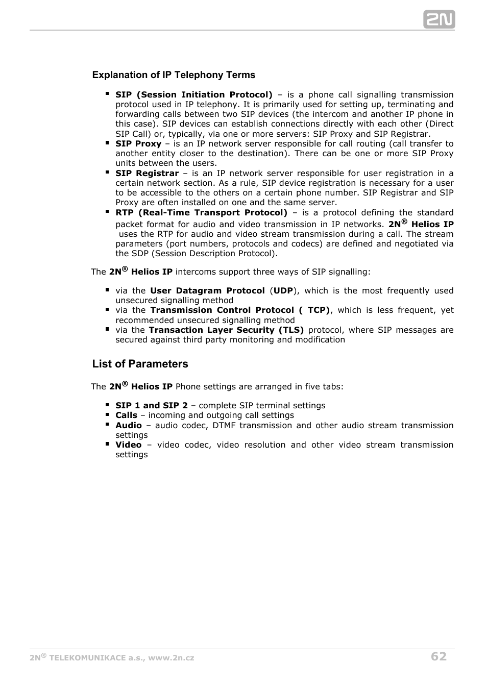 List of parameters | 2N Helios IP Configuration Manual v2.8 User Manual | Page 62 / 114