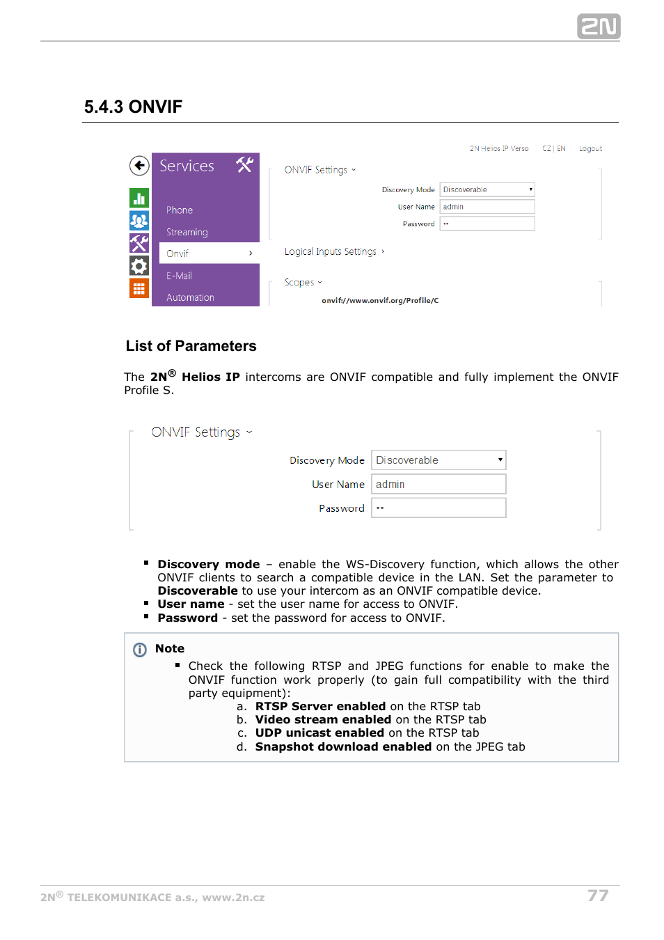 3 onvif, List of parameters | 2N Helios IP Configuration Manual v2.8 User Manual | Page 77 / 114