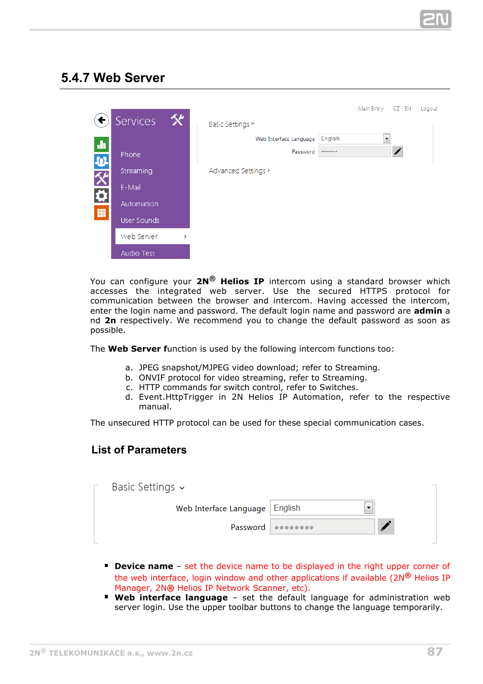 7 web server, List of parameters | 2N Helios IP Configuration Manual v2.8 User Manual | Page 87 / 114