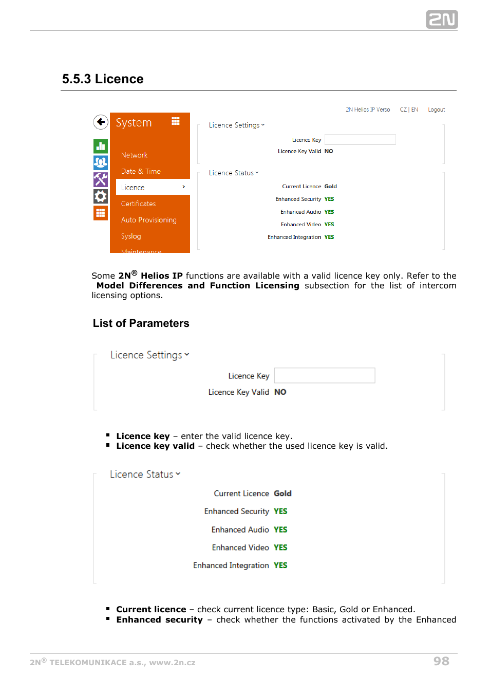 3 licence, List of parameters | 2N Helios IP Configuration Manual v2.8 User Manual | Page 98 / 114