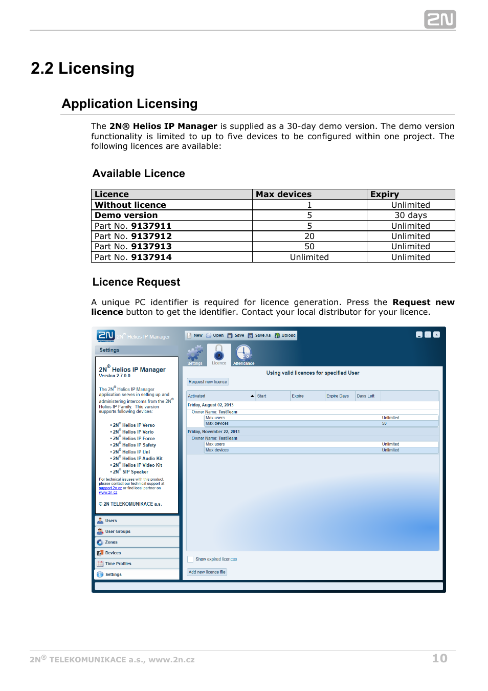 2 licensing, Application licensing, Available licence | Licence request | 2N Helios IP Manager Manual v2.7 User Manual | Page 10 / 45