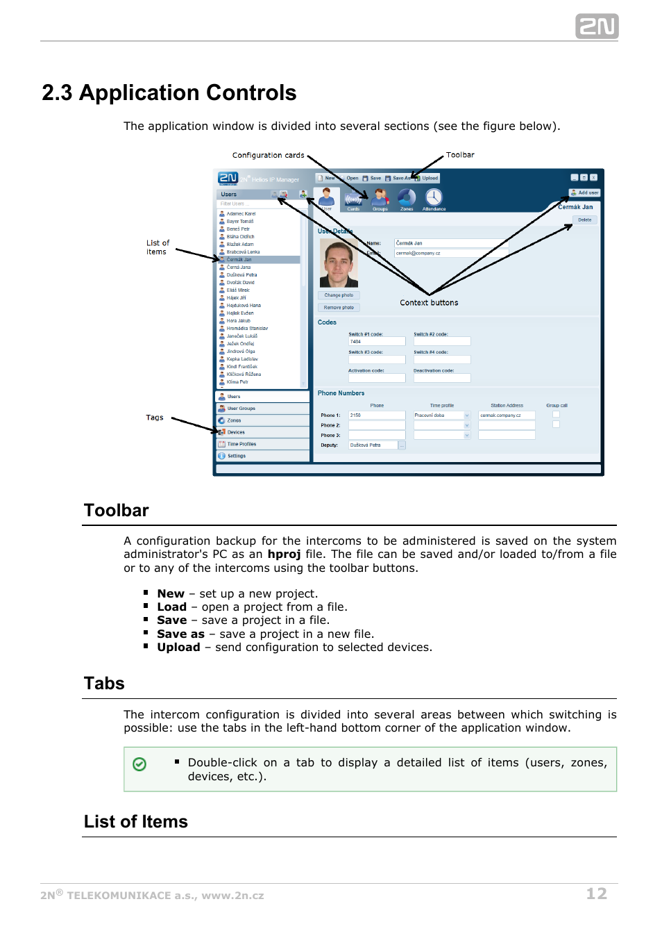 3 application controls, Toolbar, Tabs | List of items | 2N Helios IP Manager Manual v2.7 User Manual | Page 12 / 45