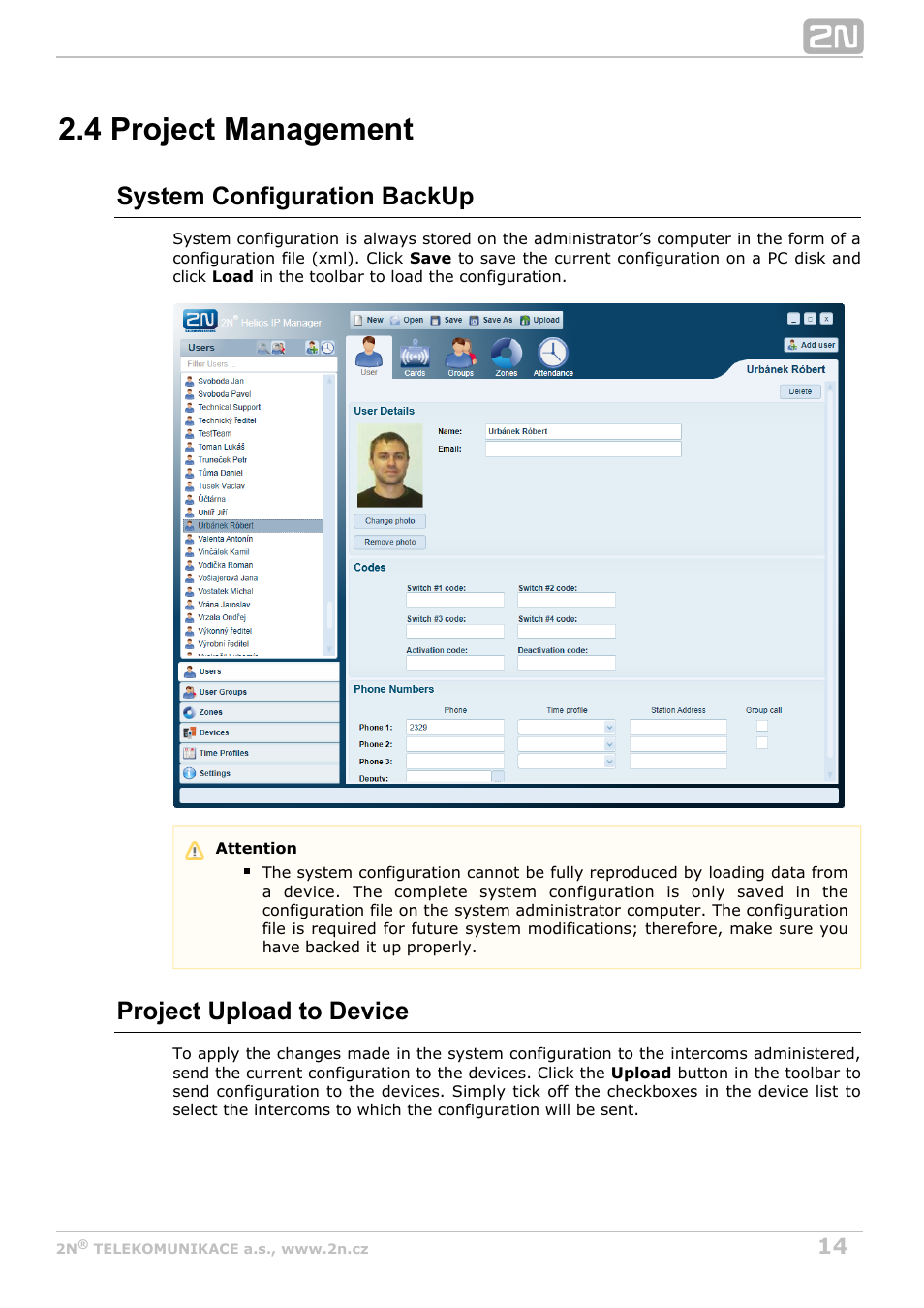 4 project management, System configuration backup, Project upload to device | 2N Helios IP Manager Manual v2.7 User Manual | Page 14 / 45