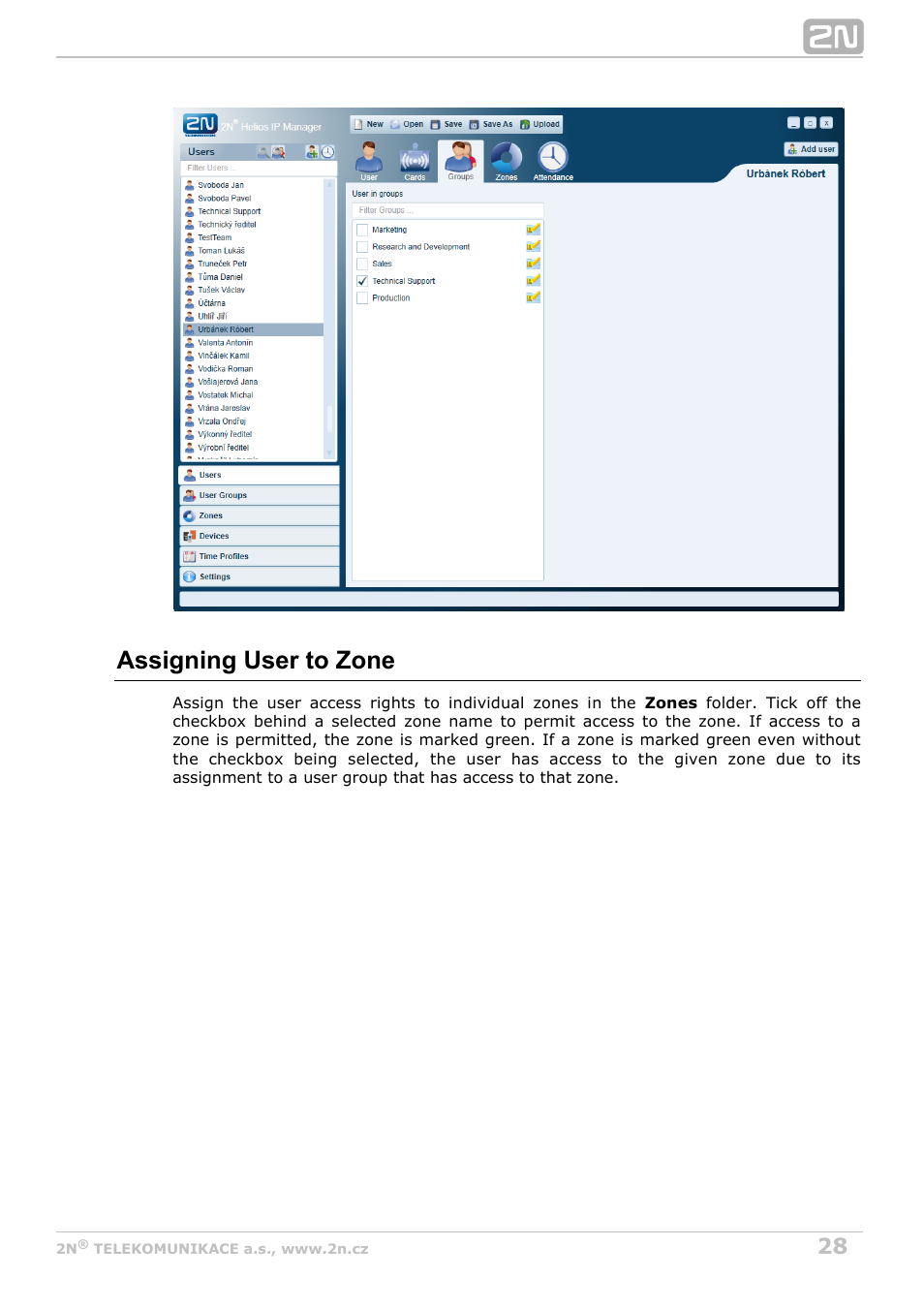 Assigning user to zone | 2N Helios IP Manager Manual v2.7 User Manual | Page 28 / 45