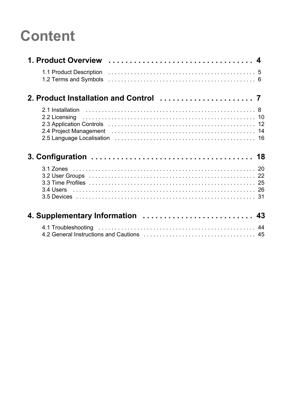 Content, Product overview, Product installation and control | Configuration, Supplementary information | 2N Helios IP Manager Manual v2.7 User Manual | Page 3 / 45
