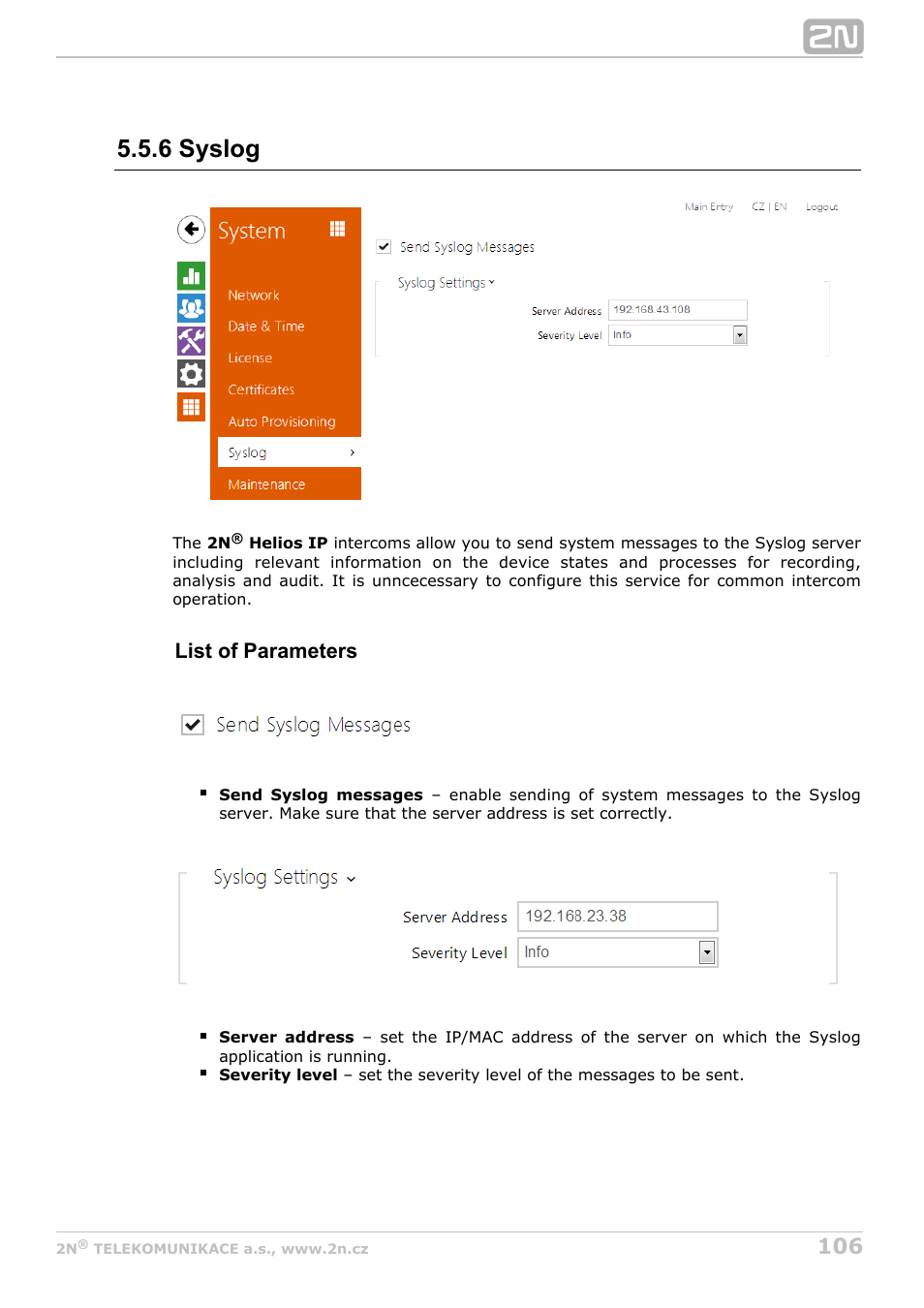 6 syslog, List of parameters | 2N Helios IP Configuration Manual v2.7 User Manual | Page 106 / 115