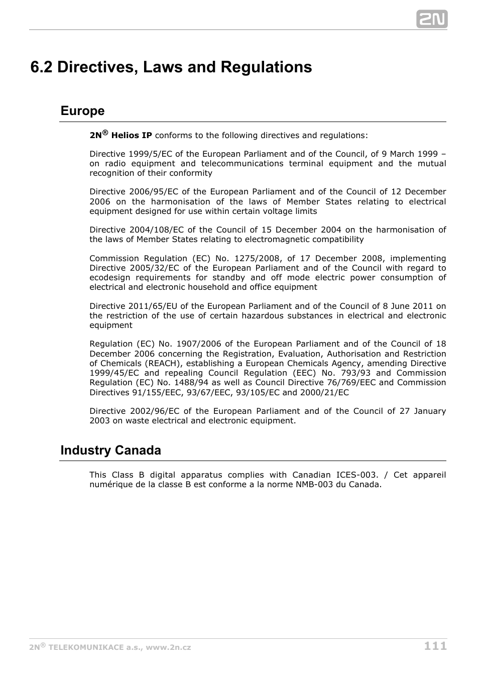2 directives, laws and regulations, Europe, Industry canada | 2N Helios IP Configuration Manual v2.7 User Manual | Page 111 / 115
