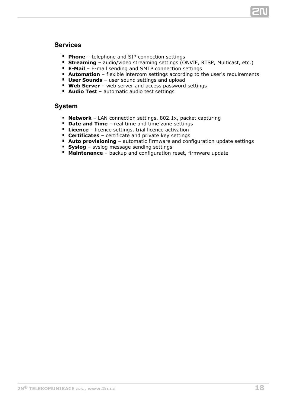 Services, System | 2N Helios IP Configuration Manual v2.7 User Manual | Page 18 / 115
