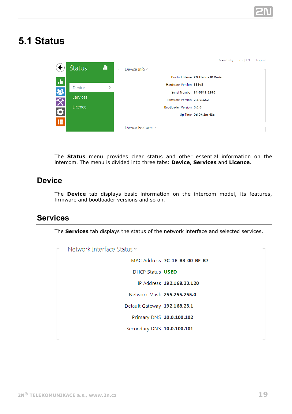 1 status, Device, Services | 2N Helios IP Configuration Manual v2.7 User Manual | Page 19 / 115