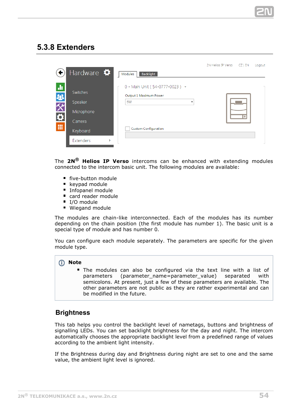 8 extenders, Brightness | 2N Helios IP Configuration Manual v2.7 User Manual | Page 54 / 115