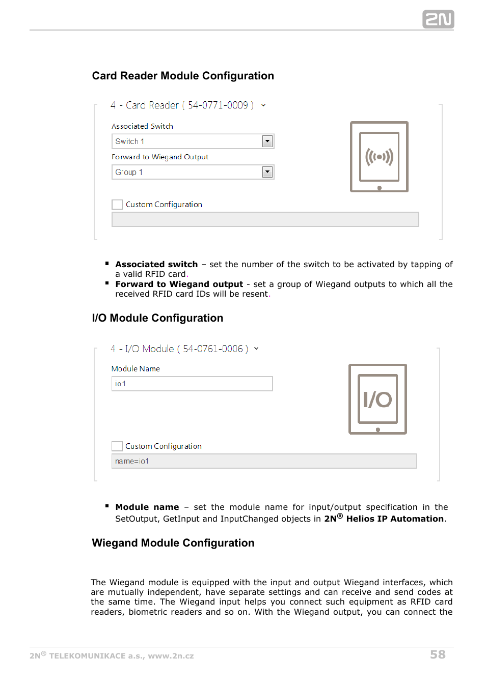 Card reader module configuration, I/o module configuration, Wiegand module configuration | 2N Helios IP Configuration Manual v2.7 User Manual | Page 58 / 115