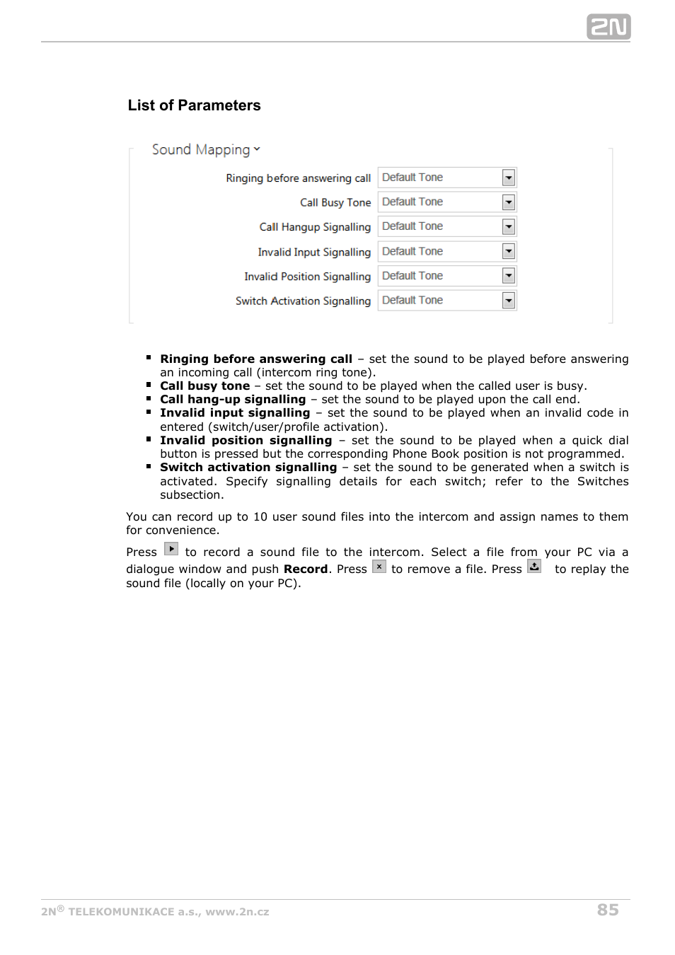 List of parameters | 2N Helios IP Configuration Manual v2.7 User Manual | Page 85 / 115