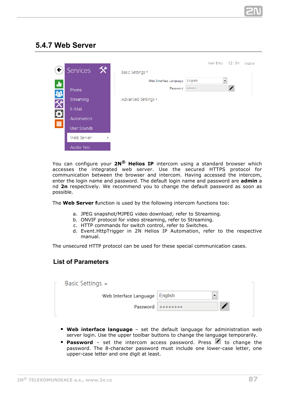 7 web server, List of parameters | 2N Helios IP Configuration Manual v2.7 User Manual | Page 87 / 115