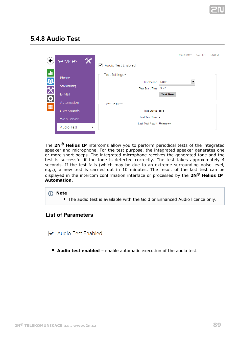 8 audio test, List of parameters | 2N Helios IP Configuration Manual v2.7 User Manual | Page 89 / 115