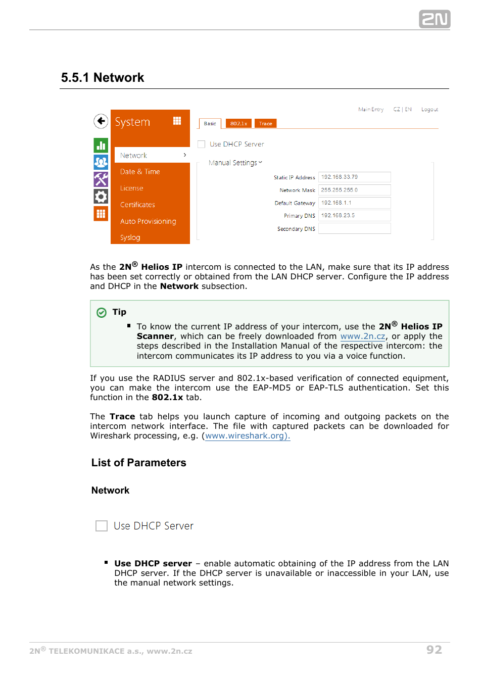 1 network, List of parameters | 2N Helios IP Configuration Manual v2.7 User Manual | Page 92 / 115