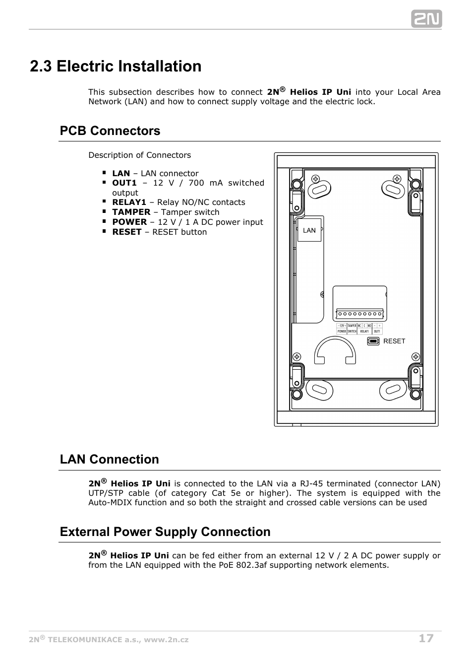 3 electric installation, Pcb connectors, Lan connection | External power supply connection | 2N Helios IP Uni v2.1 User Manual | Page 17 / 33