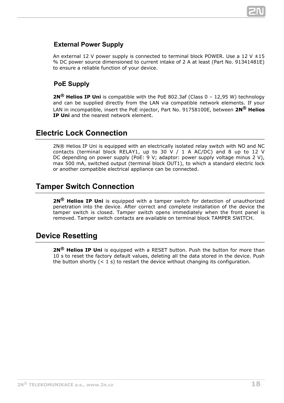 Electric lock connection, Tamper switch connection, Device resetting | External power supply, Poe supply | 2N Helios IP Uni v2.1 User Manual | Page 18 / 33