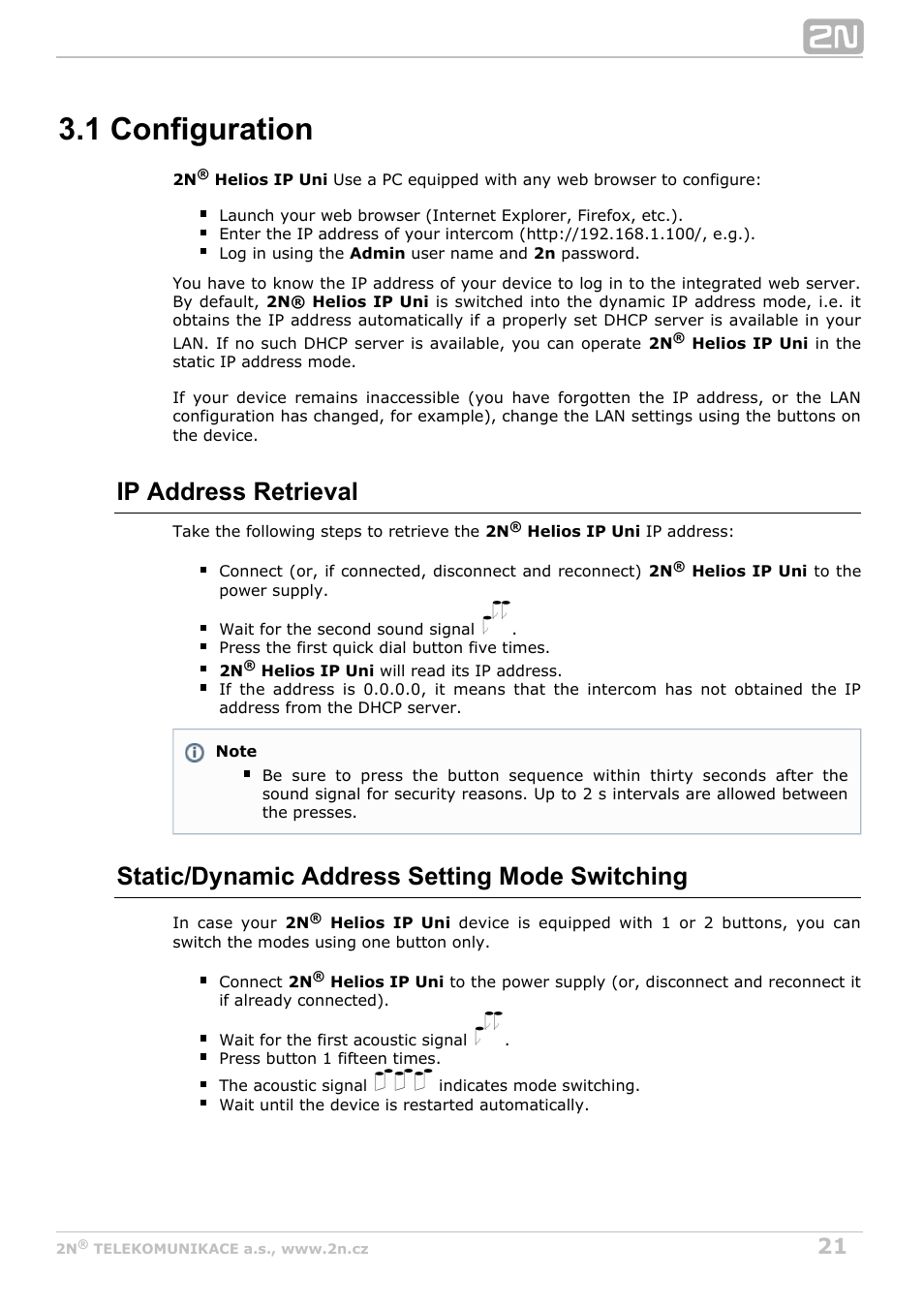 1 configuration, Ip address retrieval, Static/dynamic address setting mode switching | 2N Helios IP Uni v2.1 User Manual | Page 21 / 33