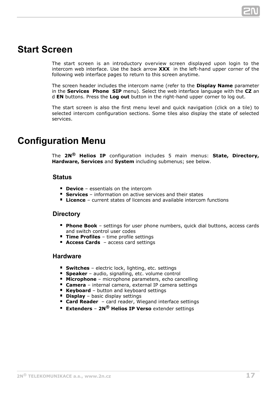 Start screen, Configuration menu, Status | Directory, Hardware | 2N Helios IP Configuration manual v2.6 User Manual | Page 17 / 110