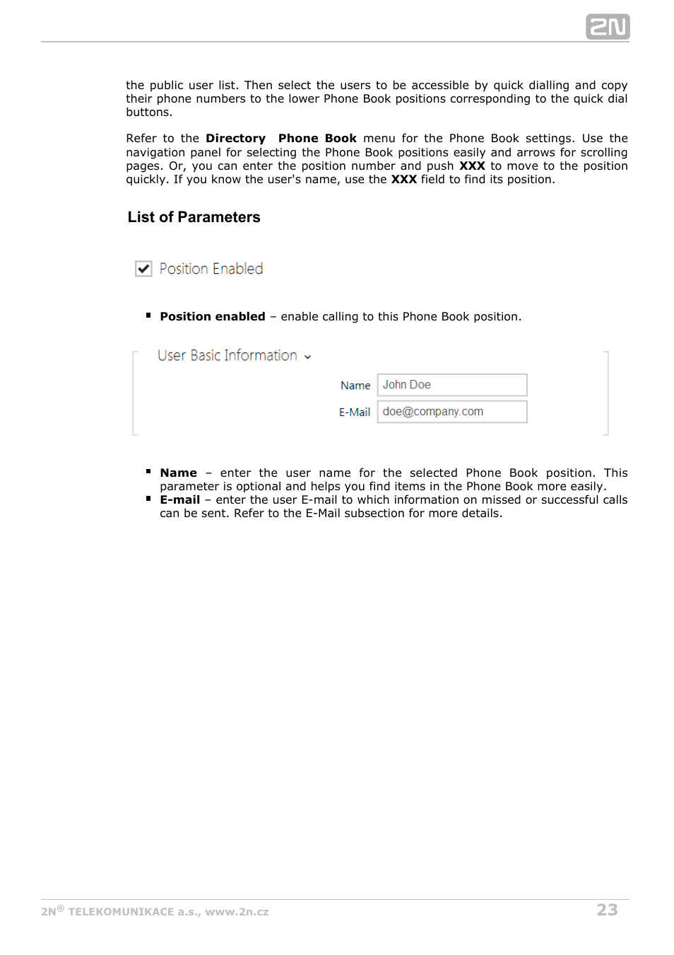 List of parameters | 2N Helios IP Configuration manual v2.6 User Manual | Page 23 / 110