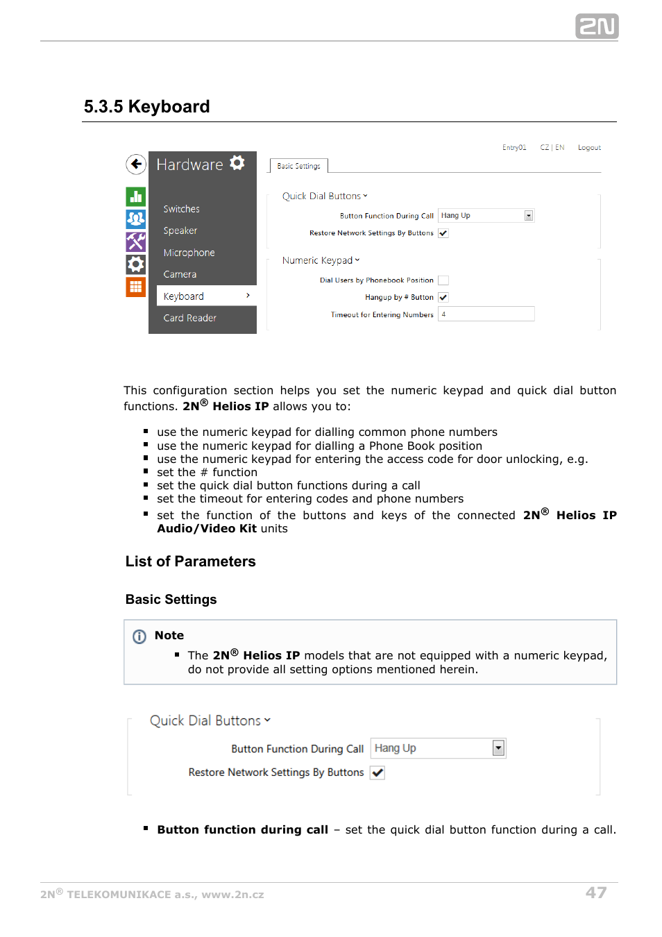 5 keyboard, List of parameters | 2N Helios IP Configuration manual v2.6 User Manual | Page 47 / 110