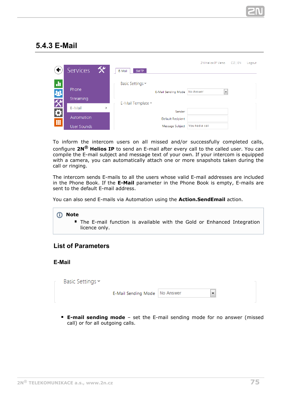 3 e-mail, List of parameters | 2N Helios IP Configuration manual v2.6 User Manual | Page 75 / 110