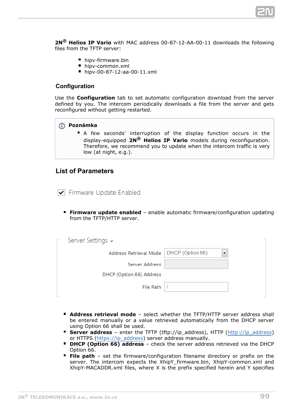 List of parameters | 2N Helios IP Configuration manual v2.6 User Manual | Page 99 / 110