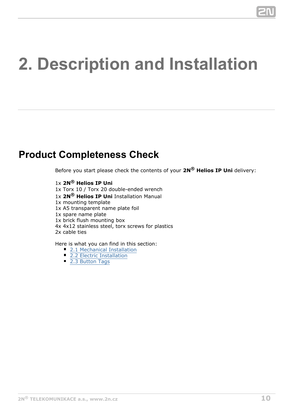 Description and installation, Product completeness check | 2N Helios IP Uni User Manual | Page 10 / 30