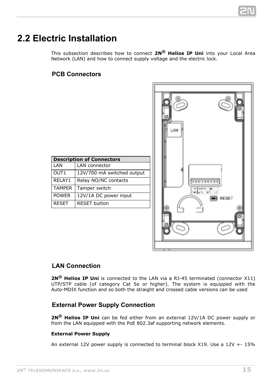 2 electric installation, Pcb connectors, Lan connection | External power supply connection | 2N Helios IP Uni User Manual | Page 15 / 30