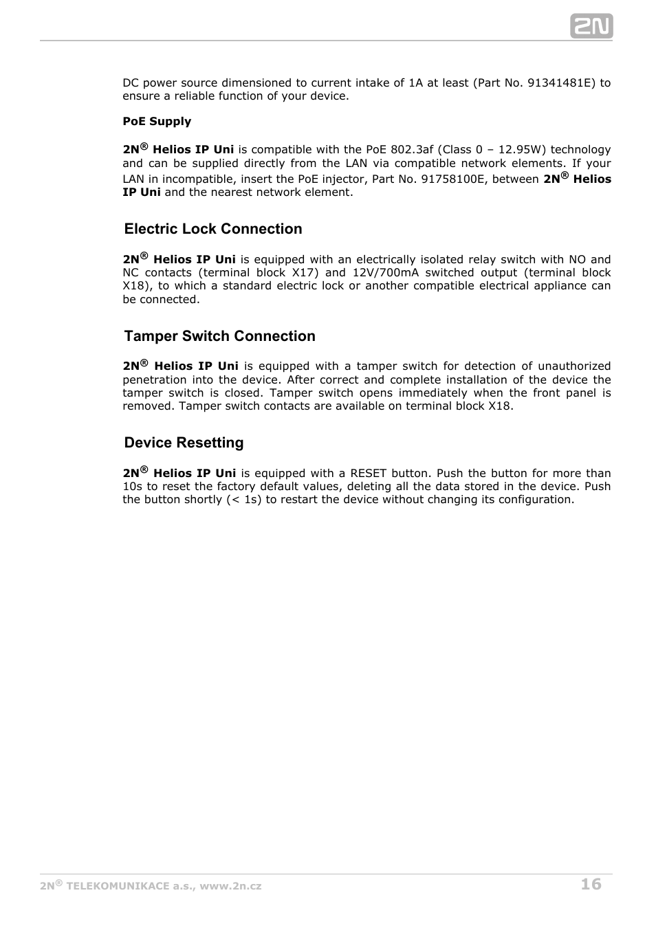 Electric lock connection, Tamper switch connection, Device resetting | 2N Helios IP Uni User Manual | Page 16 / 30