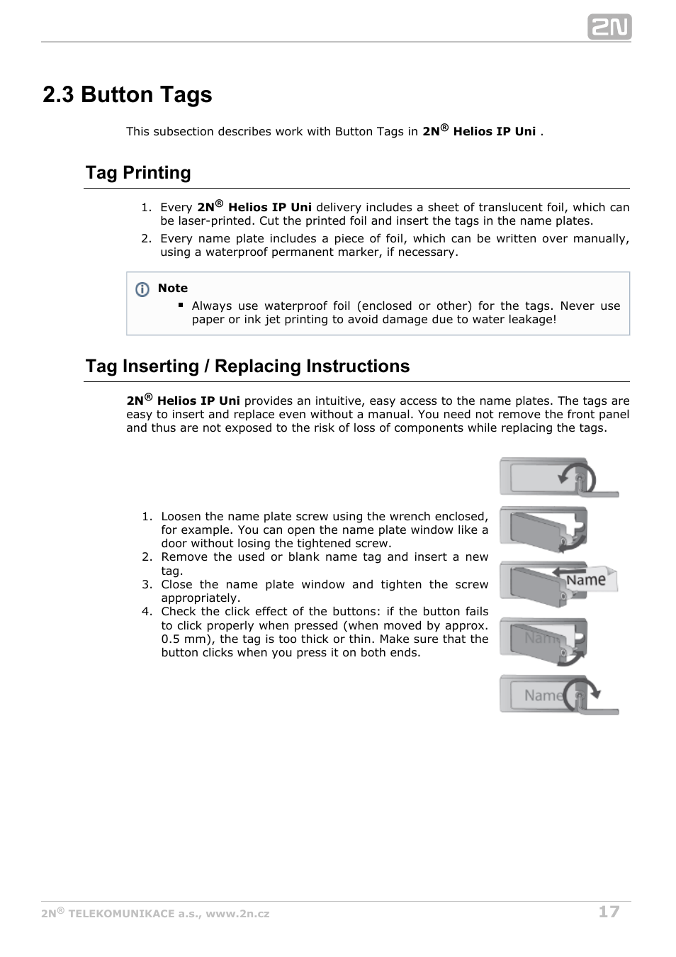 3 button tags, Tag printing, Tag inserting / replacing instructions | 2N Helios IP Uni User Manual | Page 17 / 30