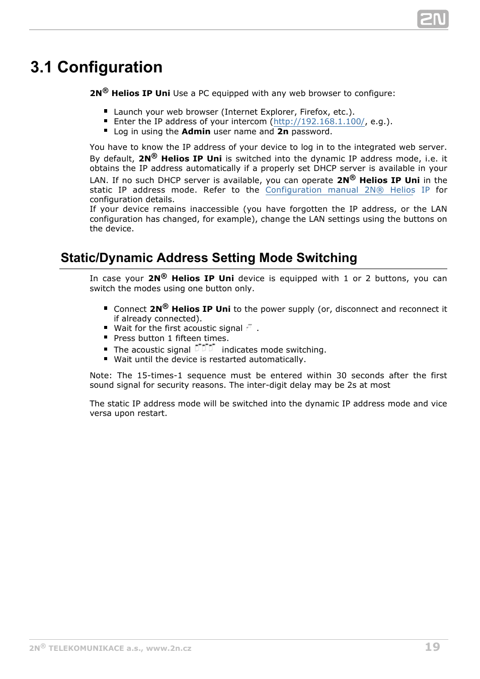 1 configuration, Static/dynamic address setting mode switching | 2N Helios IP Uni User Manual | Page 19 / 30
