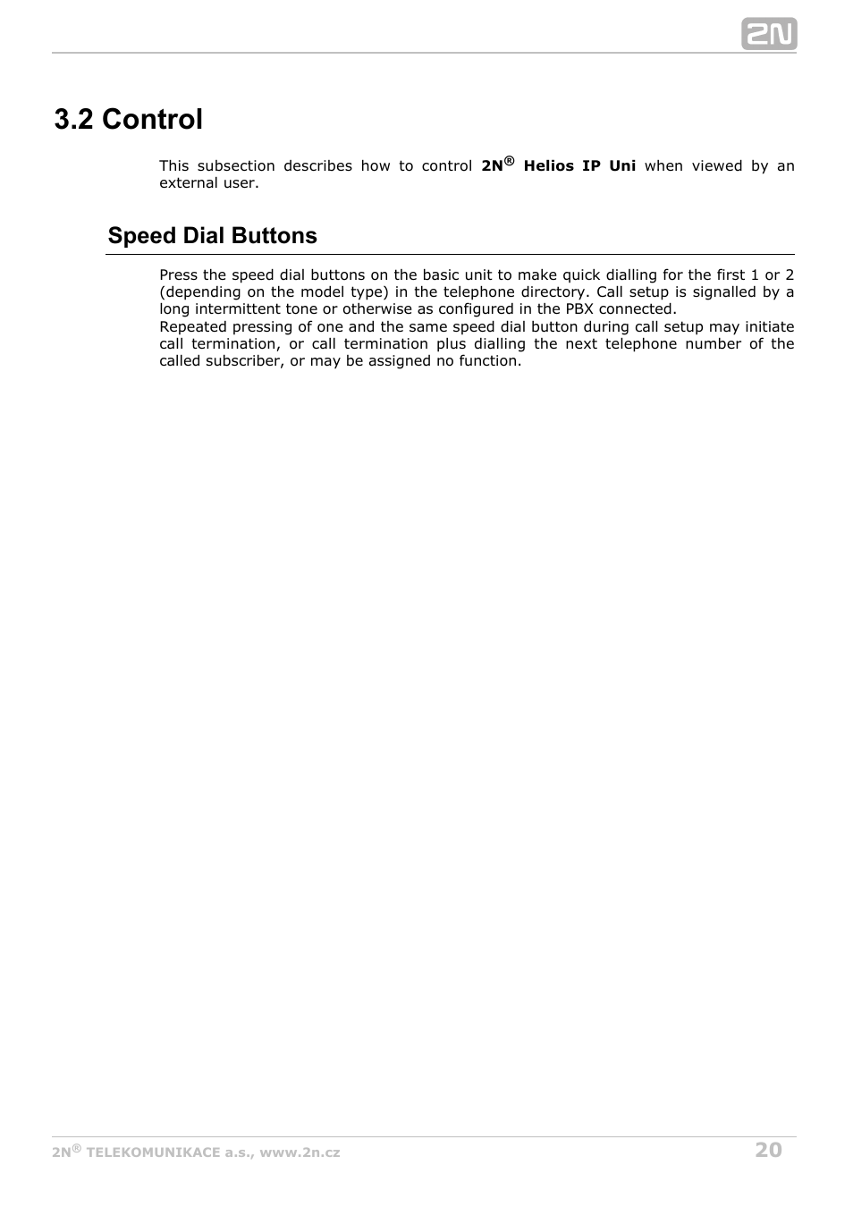 2 control, Speed dial buttons | 2N Helios IP Uni User Manual | Page 20 / 30