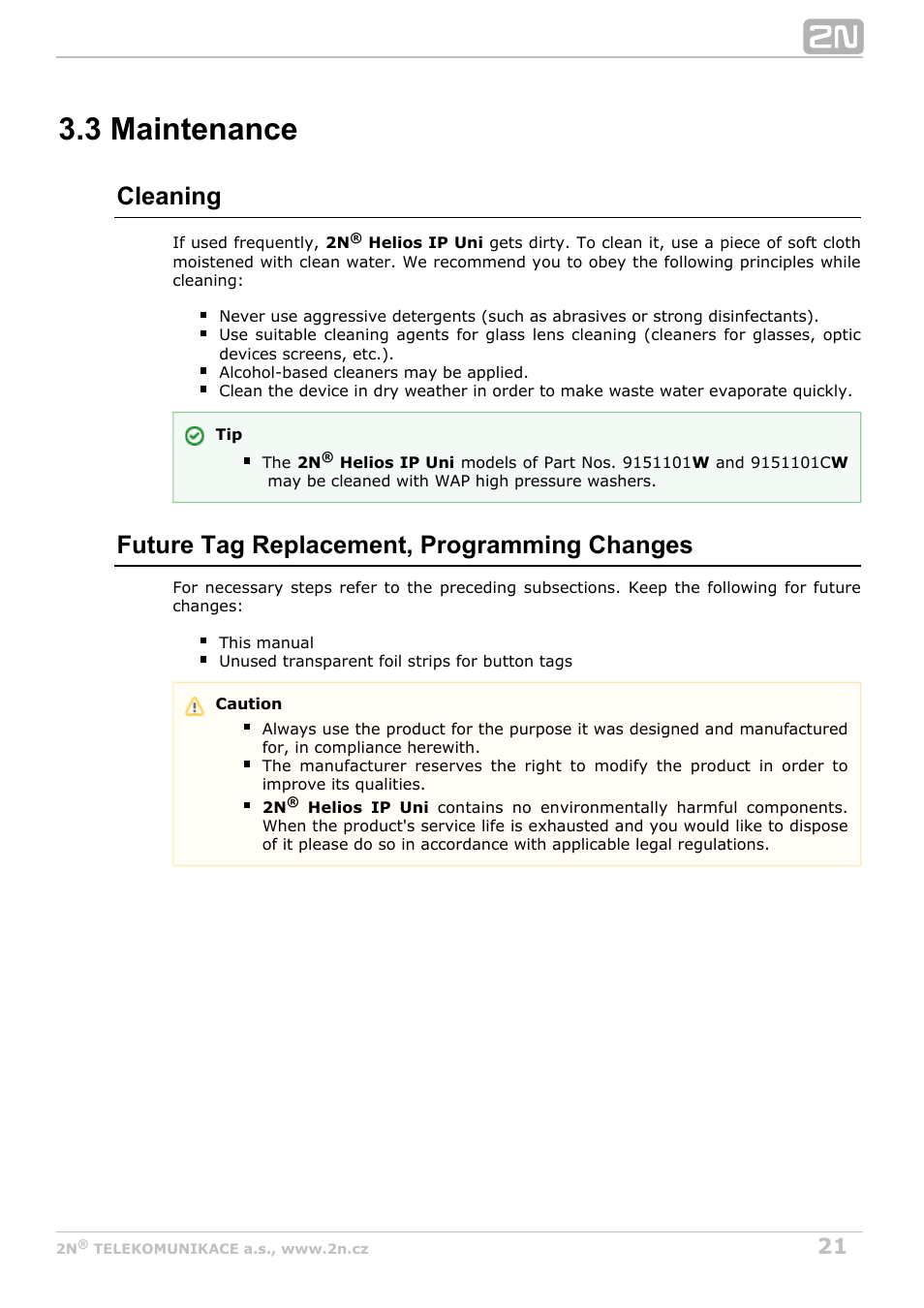 3 maintenance, Cleaning, Future tag replacement, programming changes | 2N Helios IP Uni User Manual | Page 21 / 30