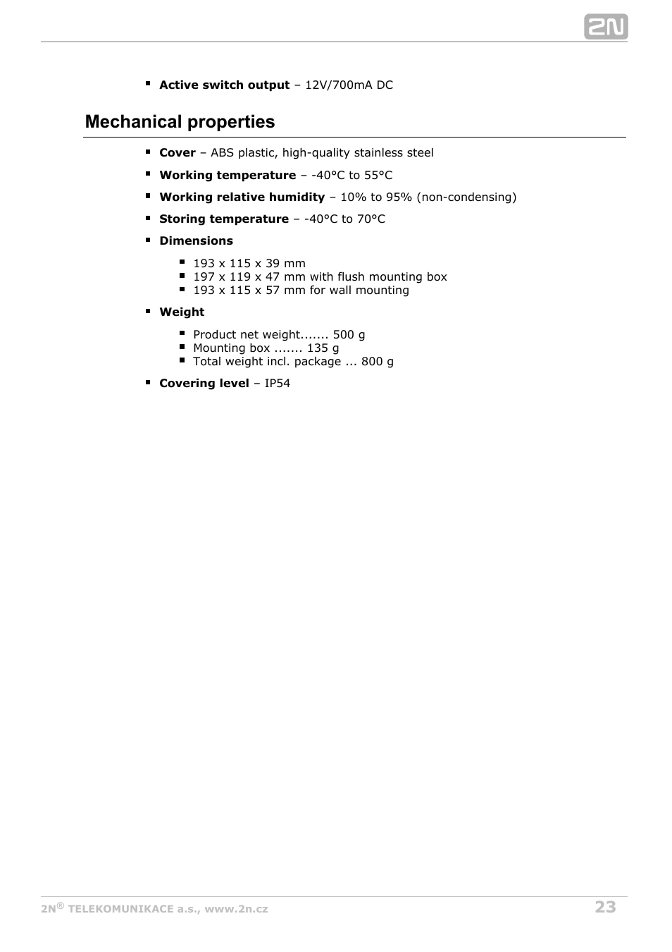 Mechanical properties | 2N Helios IP Uni User Manual | Page 23 / 30